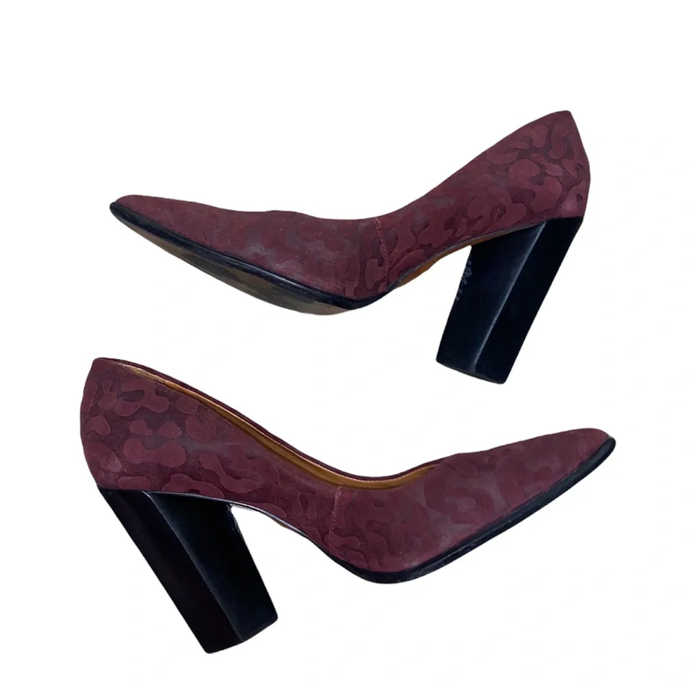 Anthropologie Carrano Madelyn Wine Leopard Block Heel Pumps sz 9